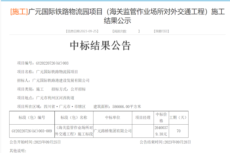 喜報(bào):路橋集團(tuán)成功中標(biāo)廣元國(guó)際鐵路物流園項(xiàng)目(海關(guān)監(jiān)管作業(yè)場(chǎng)所對(duì)外交通工程)